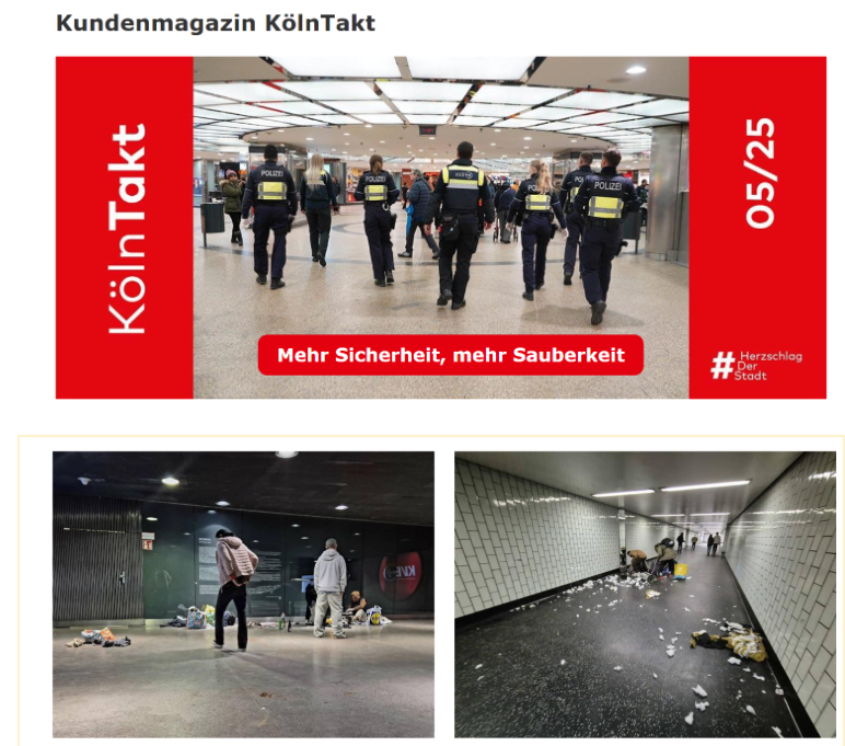Cover of the May 2025 issue of KölnTakt (top), featuring the slogan "More Safety, More Cleanliness," and photographs from the article "KVB Intensifies Its Efforts to Improve Conditions at Public Transport Stations" (bottom), accompanied by the caption: "Passenger complaints about the partly intolerable conditions in underground stations have increased in recent months." 