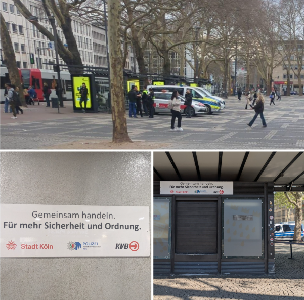  Institutional presence at Neumarkt. Photographs taken during fieldwork showing joint patrols and signage associated with the SOS – Service. Ordnung. Sicherheit. campaign.
